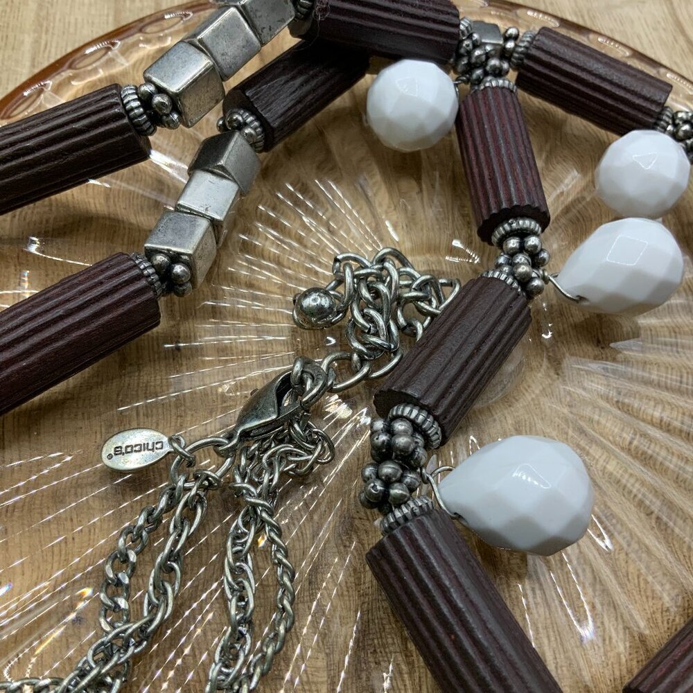 Chico's Wooden White Beaded Silver Tone Double Chain Necklace